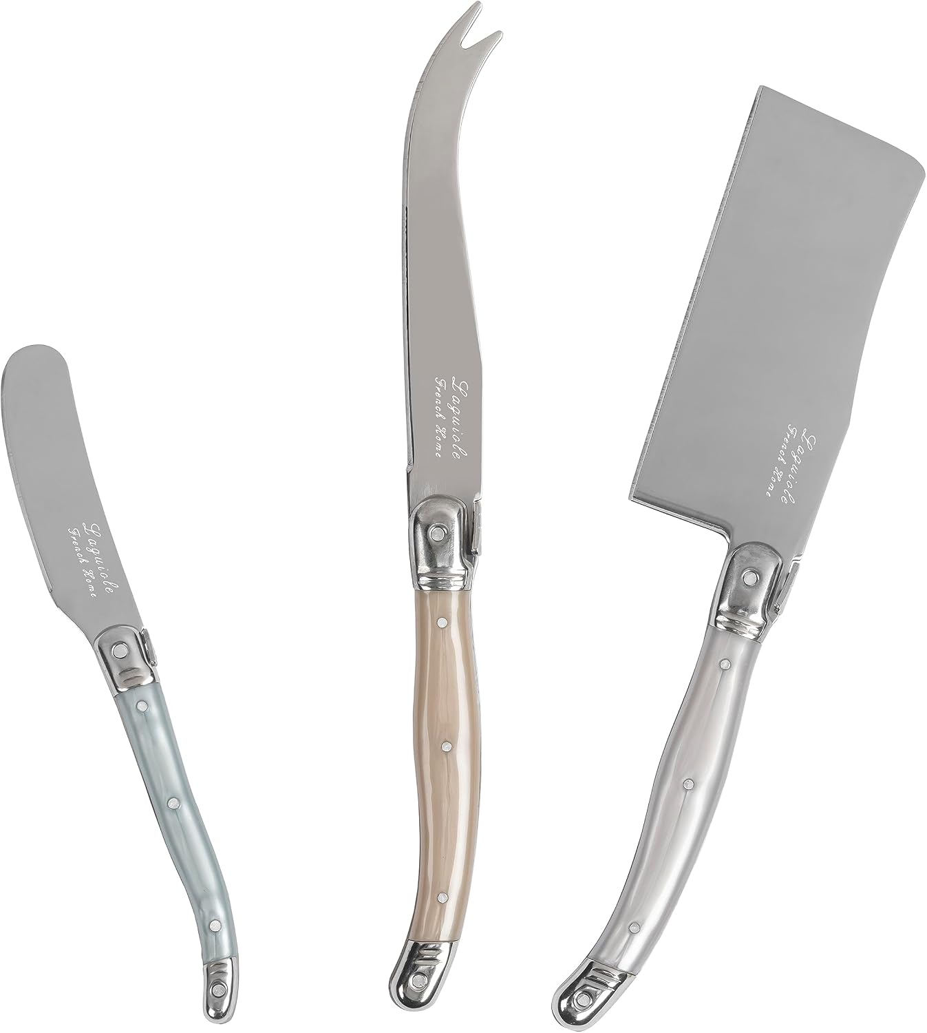 Laguiole Cheese Knife Set of 3 – Charcuterie Accessories w/Faux Ivory Handles – Includes 6.25" Cheese Spreader, 9.25" Spear & 8.5" Cleaver Knife