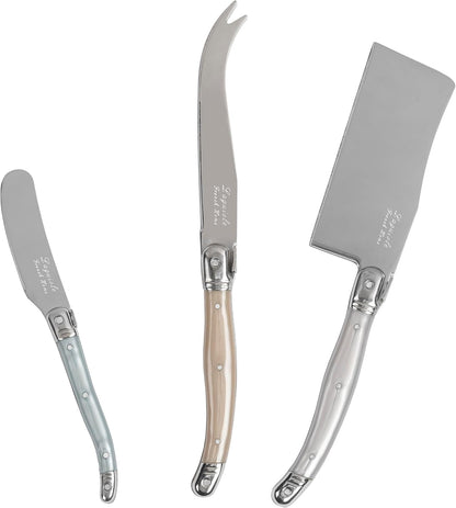 Laguiole Cheese Knife Set of 3 – Charcuterie Accessories w/Faux Ivory Handles – Includes 6.25" Cheese Spreader, 9.25" Spear & 8.5" Cleaver Knife