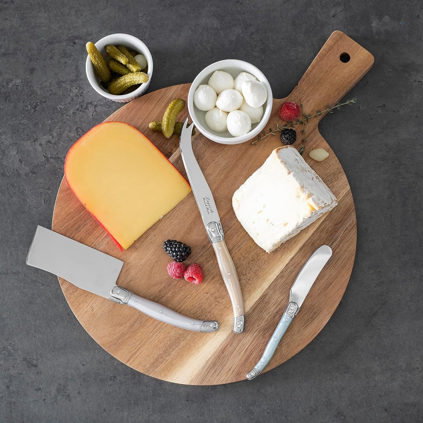 Laguiole Cheese Knife Set of 3 – Charcuterie Accessories w/Faux Ivory Handles – Includes 6.25" Cheese Spreader, 9.25" Spear & 8.5" Cleaver Knife