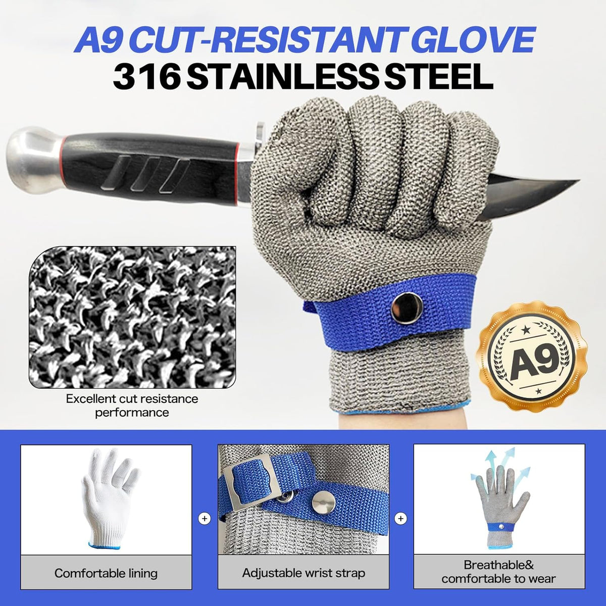 Oyster Shucking Knife+A9 Cut-Resistant Glove with Gift Box,Stainless Steel Oyster Knife and Oyster Shucking Gloves Kit,Heavy Duty Oyster Shucker Tool, Oyster Opener Tool for Chef