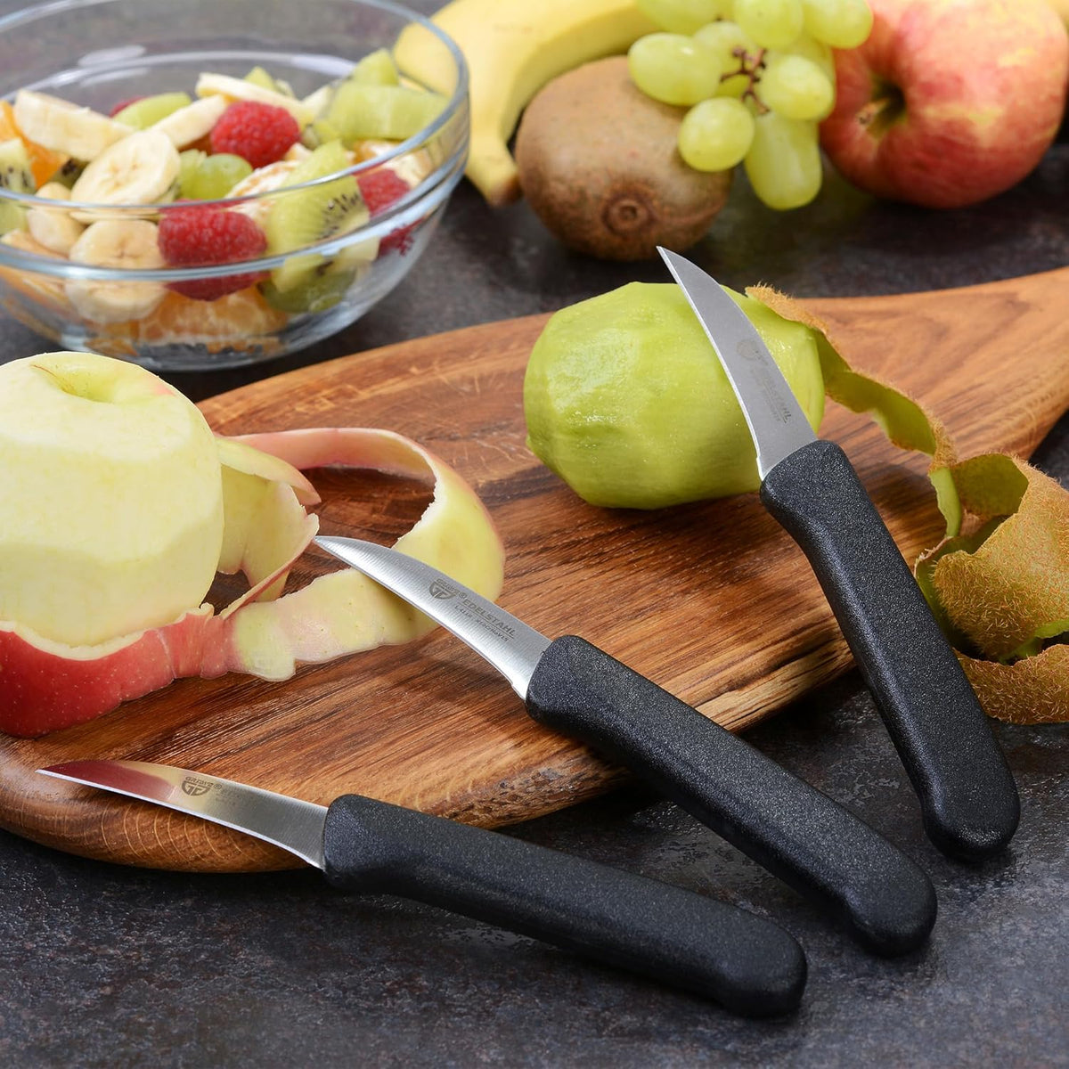 fruit knife, set of 3, stainless steel blade, black handles, super sharp edge
