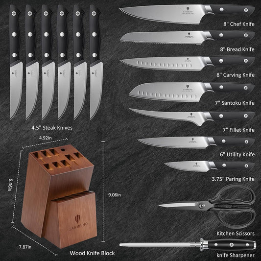 16 PCS Japanese Kitchen Knife Set with Block, Dishwasher Safe | 5 Layers High Carbon 9Cr18Mov Stainless Steel, Ultra-Sharp Professional Chef Cooking Knives Set with Ergonomic Handle