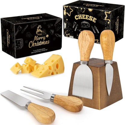 Cheese Knife Set for Charcuterie - 4 Small Stainless Steel Cheese Knives and Fork with Magnetic Acacia Wood Holder - Charcuterie Board Accessories