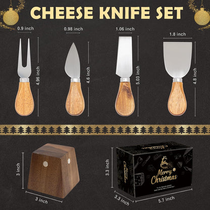 Cheese Knife Set for Charcuterie - 4 Small Stainless Steel Cheese Knives and Fork with Magnetic Acacia Wood Holder - Charcuterie Board Accessories