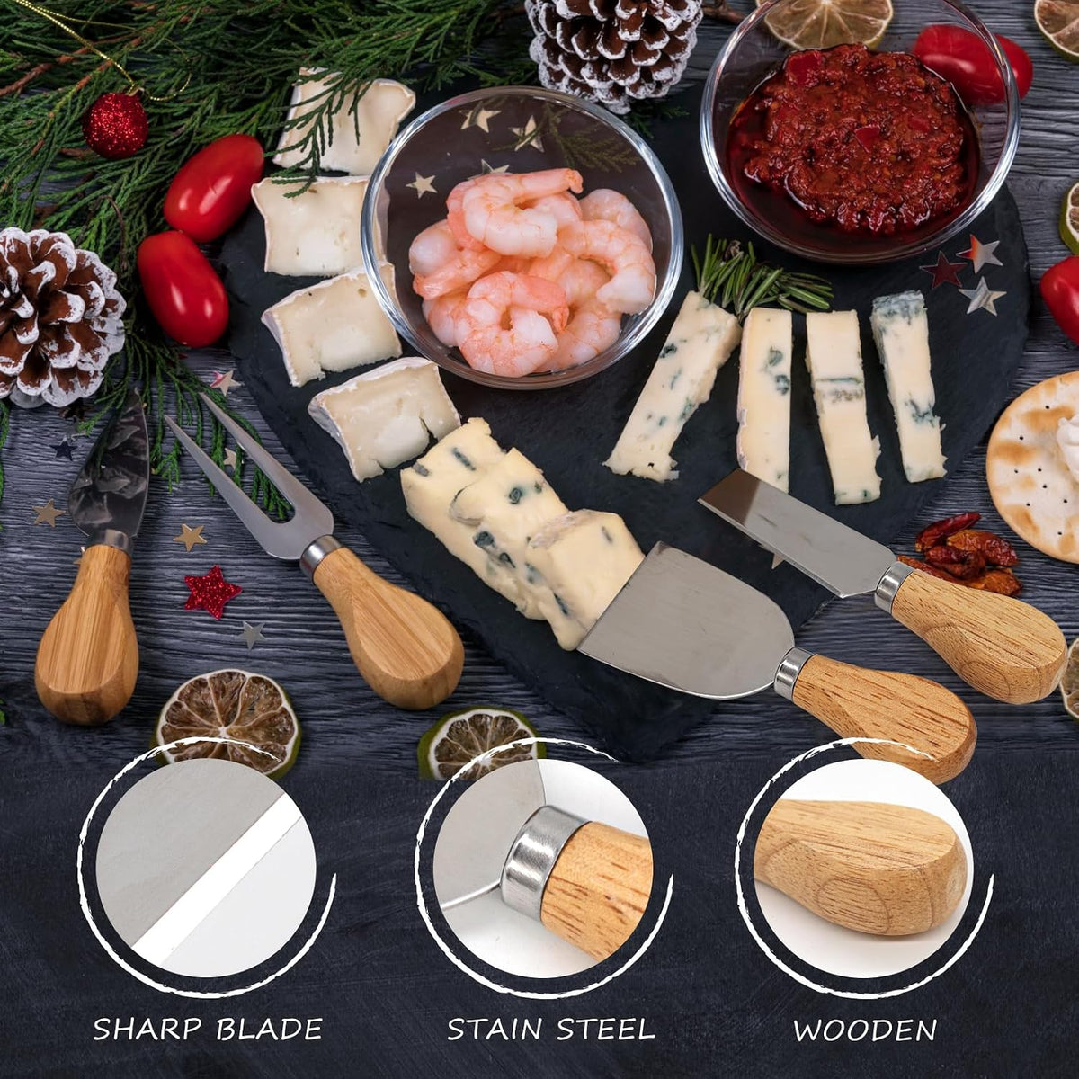 Cheese Knife Set for Charcuterie - 4 Small Stainless Steel Cheese Knives and Fork with Magnetic Acacia Wood Holder - Charcuterie Board Accessories