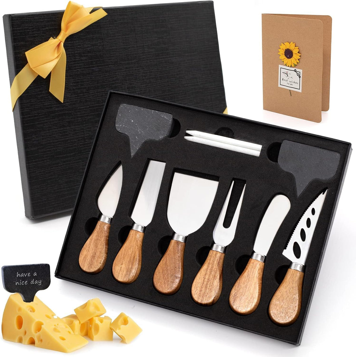 Cheese Knife Set for Charcuterie - 4 Small Stainless Steel Cheese Knives and Fork with Magnetic Acacia Wood Holder - Charcuterie Board Accessories