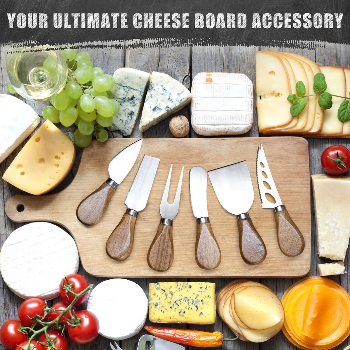 Cheese Knife Set for Charcuterie - 4 Small Stainless Steel Cheese Knives and Fork with Magnetic Acacia Wood Holder - Charcuterie Board Accessories