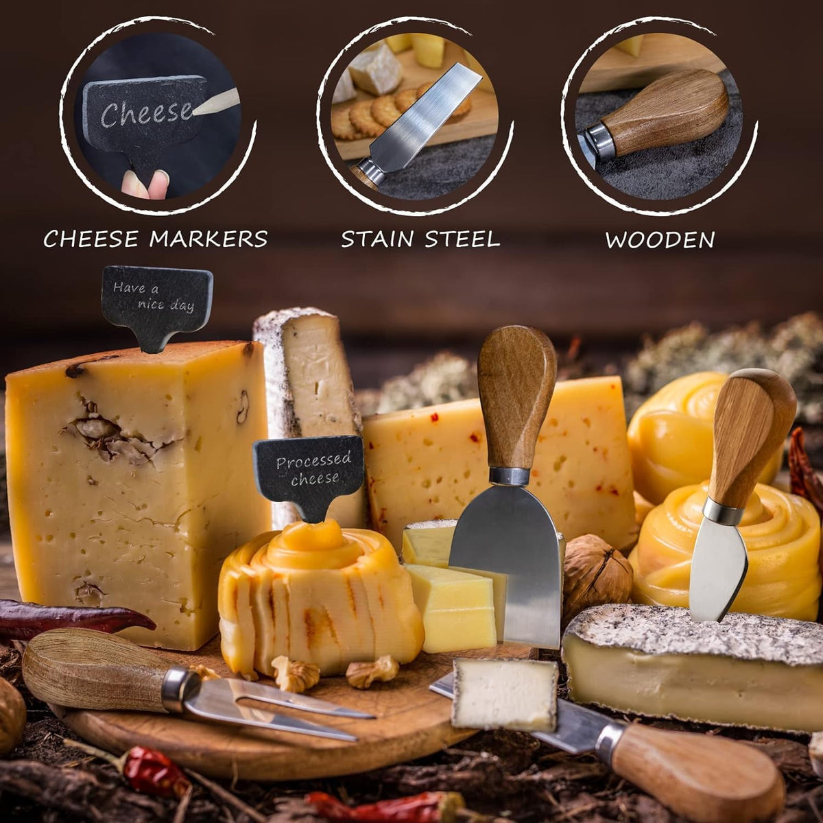Cheese Knife Set for Charcuterie - 4 Small Stainless Steel Cheese Knives and Fork with Magnetic Acacia Wood Holder - Charcuterie Board Accessories