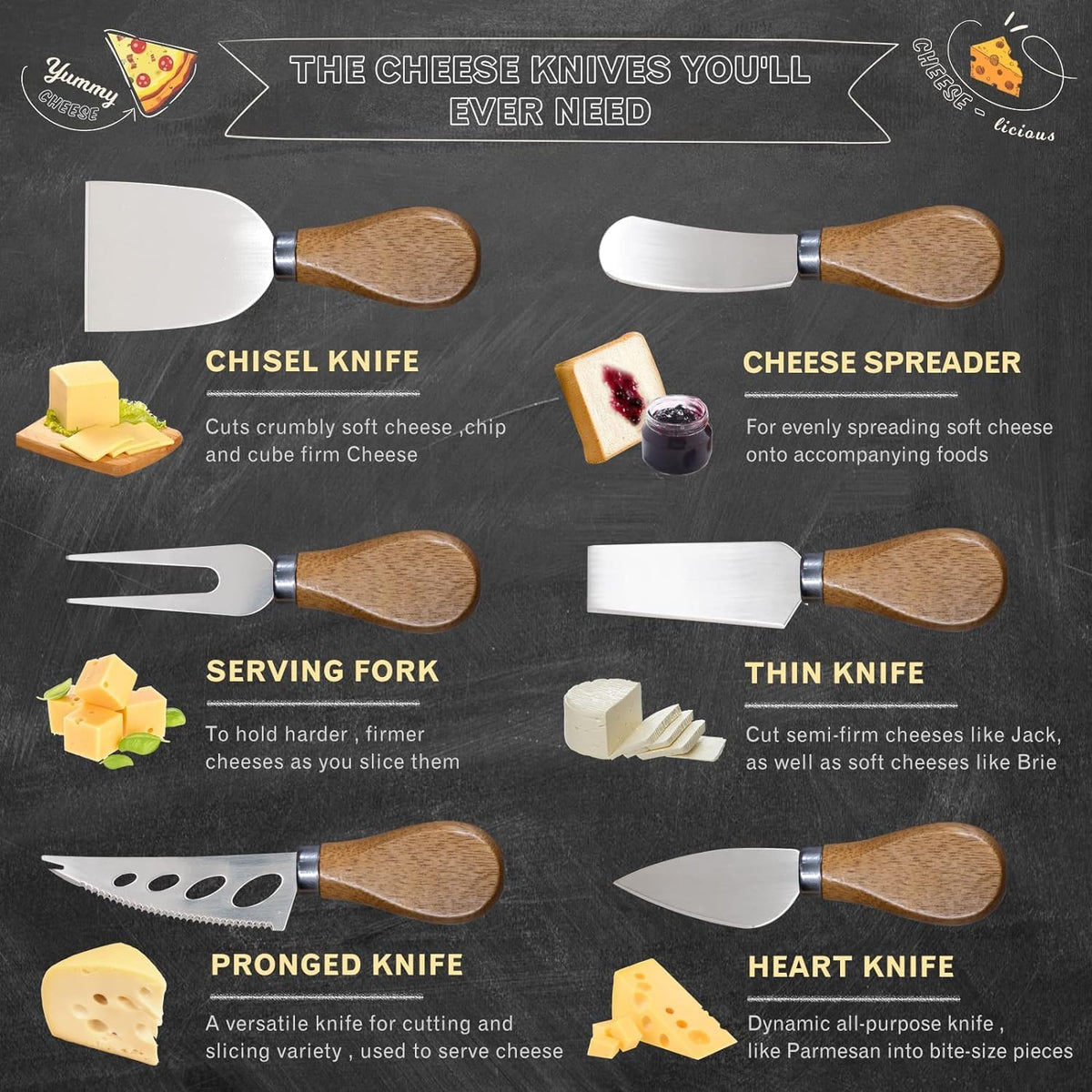 Cheese Knife Set for Charcuterie - 4 Small Stainless Steel Cheese Knives and Fork with Magnetic Acacia Wood Holder - Charcuterie Board Accessories