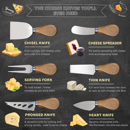 Cheese Knife Set for Charcuterie - 4 Small Stainless Steel Cheese Knives and Fork with Magnetic Acacia Wood Holder - Charcuterie Board Accessories