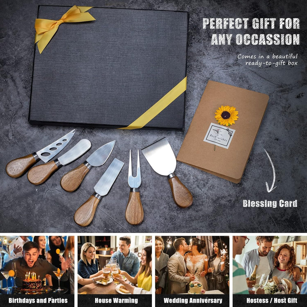 Cheese Knife Set for Charcuterie - 4 Small Stainless Steel Cheese Knives and Fork with Magnetic Acacia Wood Holder - Charcuterie Board Accessories