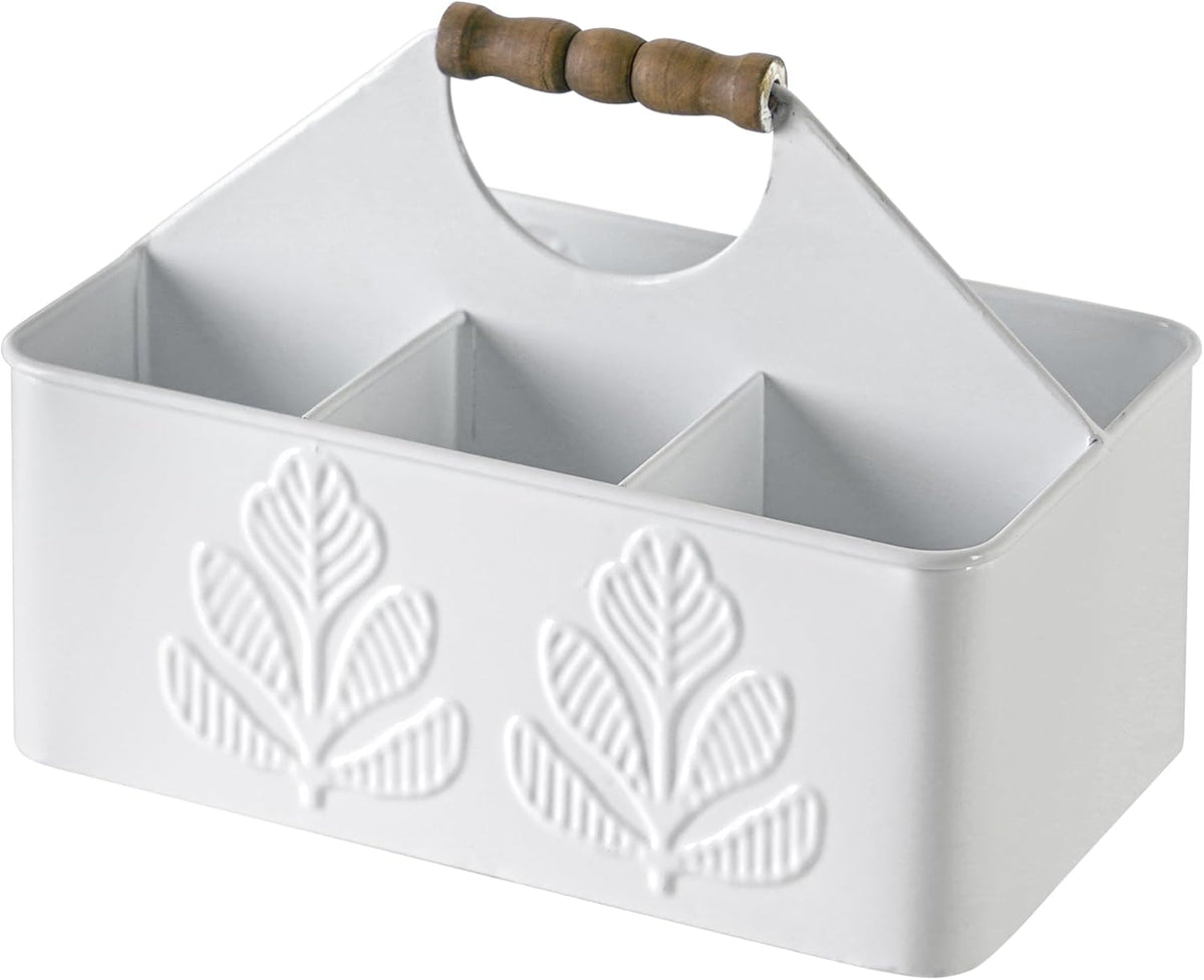 White Silverware Caddy for Party, Kitchen Flatware Holder | Metal Plant Pattern Embossed Countertop Cutlery Organizer with 4 Compartments for Utensils, Spoons, Knives, Forks