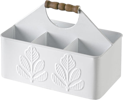 White Silverware Caddy for Party, Kitchen Flatware Holder | Metal Plant Pattern Embossed Countertop Cutlery Organizer with 4 Compartments for Utensils, Spoons, Knives, Forks