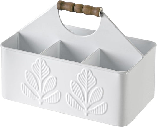 White Silverware Caddy for Party, Kitchen Flatware Holder | Metal Plant Pattern Embossed Countertop Cutlery Organizer with 4 Compartments for Utensils, Spoons, Knives, Forks