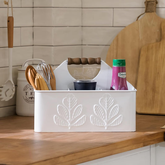 White Silverware Caddy for Party, Kitchen Flatware Holder | Metal Plant Pattern Embossed Countertop Cutlery Organizer with 4 Compartments for Utensils, Spoons, Knives, Forks