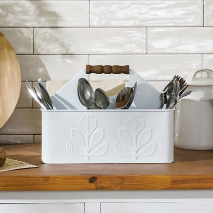 White Silverware Caddy for Party, Kitchen Flatware Holder | Metal Plant Pattern Embossed Countertop Cutlery Organizer with 4 Compartments for Utensils, Spoons, Knives, Forks