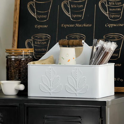 White Silverware Caddy for Party, Kitchen Flatware Holder | Metal Plant Pattern Embossed Countertop Cutlery Organizer with 4 Compartments for Utensils, Spoons, Knives, Forks