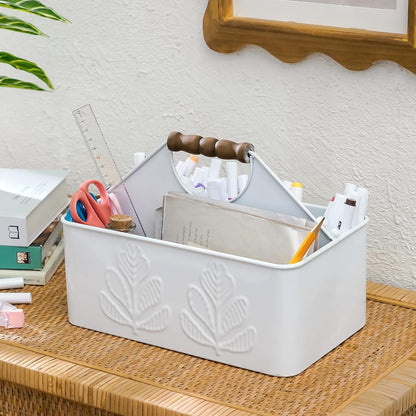 White Silverware Caddy for Party, Kitchen Flatware Holder | Metal Plant Pattern Embossed Countertop Cutlery Organizer with 4 Compartments for Utensils, Spoons, Knives, Forks