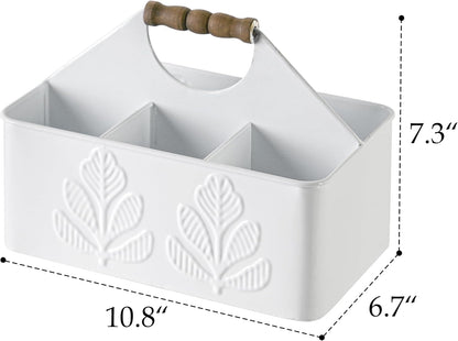 White Silverware Caddy for Party, Kitchen Flatware Holder | Metal Plant Pattern Embossed Countertop Cutlery Organizer with 4 Compartments for Utensils, Spoons, Knives, Forks