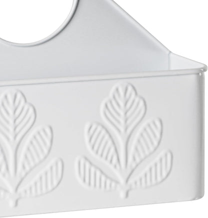 White Silverware Caddy for Party, Kitchen Flatware Holder | Metal Plant Pattern Embossed Countertop Cutlery Organizer with 4 Compartments for Utensils, Spoons, Knives, Forks