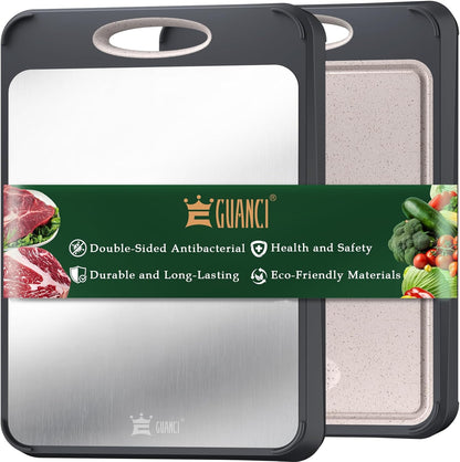 Cutting Board for Kitchen, Non Toxic 2-in-1 Double Sided Design, 304 Food Grade Stainless Steel & Wheat Straw PP Chopping Board for Meat & Vegetables, Durable Kitchen Essential, Large 16”×11”