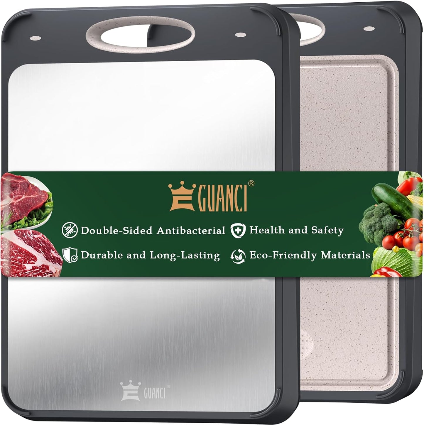 Cutting Board for Kitchen, Non Toxic 2-in-1 Double Sided Design, 304 Food Grade Stainless Steel & Wheat Straw PP Chopping Board for Meat & Vegetables, Durable Kitchen Essential, Large 16”×11”