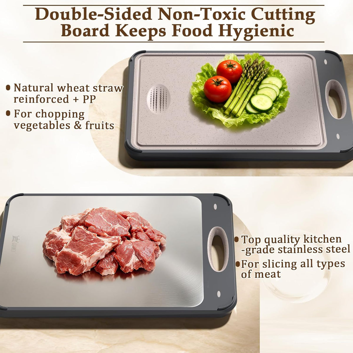 Cutting Board for Kitchen, Non Toxic 2-in-1 Double Sided Design, 304 Food Grade Stainless Steel & Wheat Straw PP Chopping Board for Meat & Vegetables, Durable Kitchen Essential, Large 16”×11”