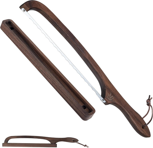 Bread Knife with Wooden Tray, 16.5" Serrated Sourdough Bread Knife, Premium Bow Bread Slicer for Homemade Bread, Bagels & Loaf, Stainless Steel Cutter (Black Walnut, Narrow-Spacing)