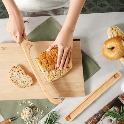 Bread Knife with Wooden Tray, 16.5" Serrated Sourdough Bread Knife, Premium Bow Bread Slicer for Homemade Bread, Bagels & Loaf, Stainless Steel Cutter (Black Walnut, Narrow-Spacing)
