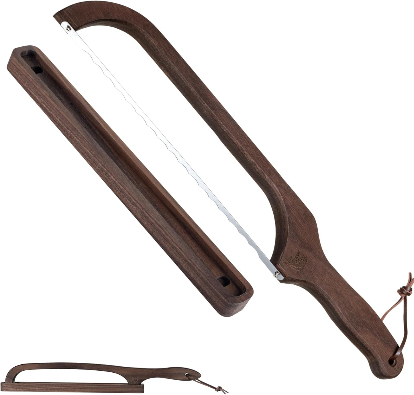 Bread Knife with Wooden Tray, 16.5" Serrated Sourdough Bread Knife, Premium Bow Bread Slicer for Homemade Bread, Bagels & Loaf, Stainless Steel Cutter (Black Walnut, Narrow-Spacing)