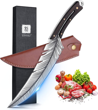 Feather Carving Knife, 8 Inch Boning Knife with Sheath and Gift Box | High-Carbon Steel, Full Tang, Ergonomic Curved Handle, Gift Box, for Brisket Outdoor Camping BBQ
