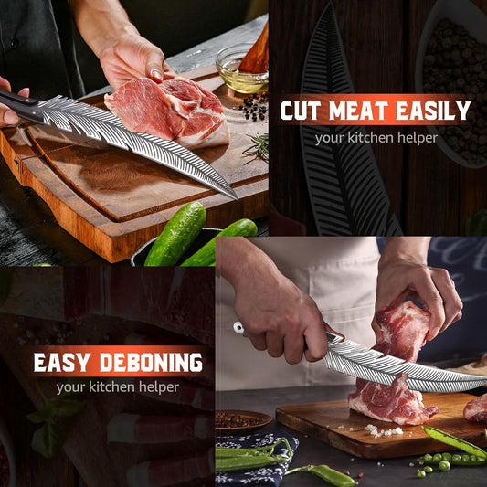 Feather Carving Knife, 8 Inch Boning Knife with Sheath and Gift Box | High-Carbon Steel, Full Tang, Ergonomic Curved Handle, Gift Box, for Brisket Outdoor Camping BBQ