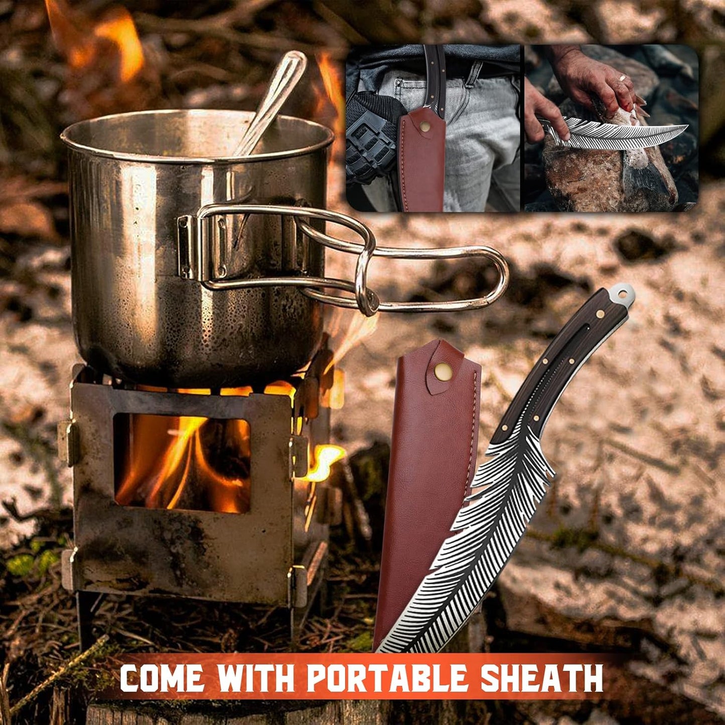 Feather Carving Knife, 8 Inch Boning Knife with Sheath and Gift Box | High-Carbon Steel, Full Tang, Ergonomic Curved Handle, Gift Box, for Brisket Outdoor Camping BBQ