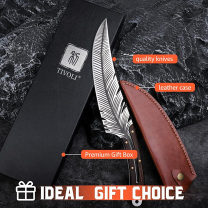 Feather Carving Knife, 8 Inch Boning Knife with Sheath and Gift Box | High-Carbon Steel, Full Tang, Ergonomic Curved Handle, Gift Box, for Brisket Outdoor Camping BBQ