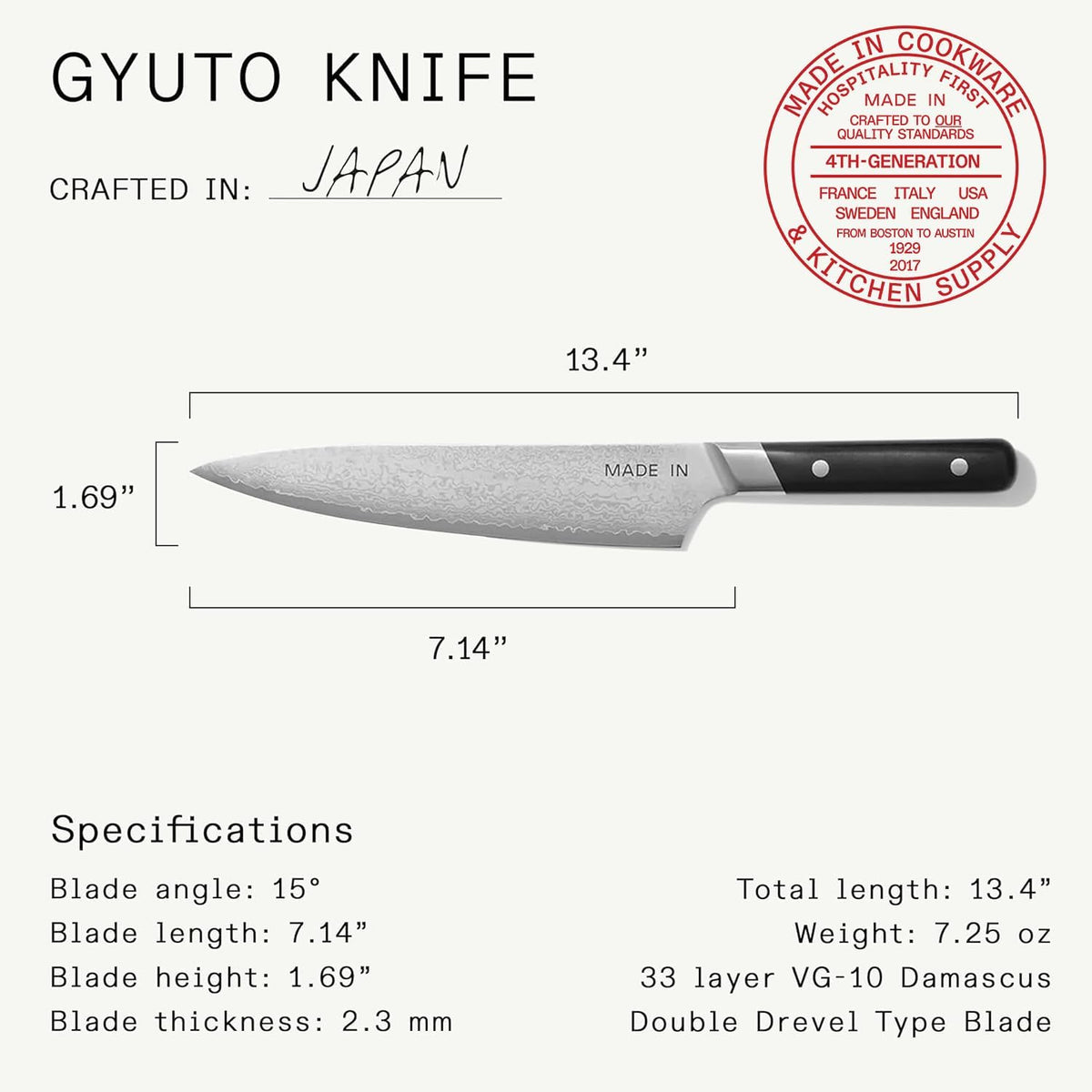Cookware - 8" Japanese Damascus Steel Gyuto (Chef Knife) - 66 Layers of Damascus Steel with a VG-10 Core - Crafted in Japan - Full Tang With Black POM Handle