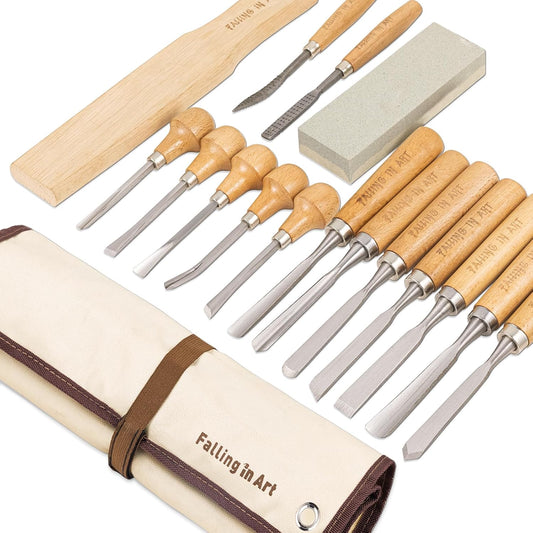 16 Pcs Professional Wood Carving Knives Chisel Set | Including Sharpening Stone, Mallet and Storage Bag for Wood Carving Projects