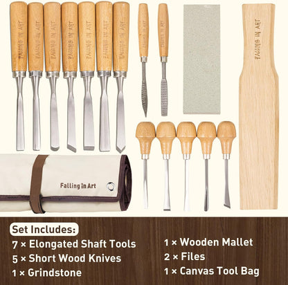 16 Pcs Professional Wood Carving Knives Chisel Set | Including Sharpening Stone, Mallet and Storage Bag for Wood Carving Projects
