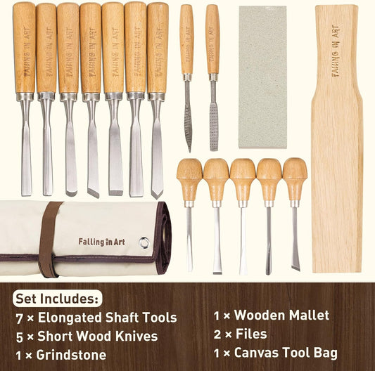 16 Pcs Professional Wood Carving Knives Chisel Set | Including Sharpening Stone, Mallet and Storage Bag for Wood Carving Projects