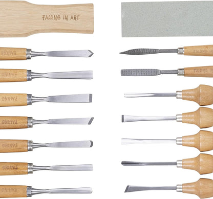 16 Pcs Professional Wood Carving Knives Chisel Set | Including Sharpening Stone, Mallet and Storage Bag for Wood Carving Projects