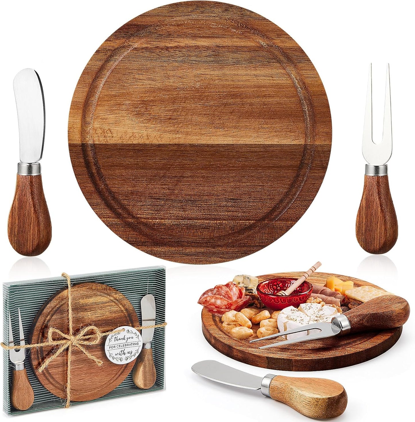1 Set Baby Shower Bridal Game Prizes for Winners Round Cheese Board Set Wood Mini Charcuterie Board with Knives and Forks Thank You Card with Gift Box for Guests Wedding (Acacia)