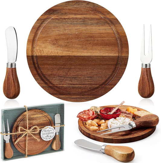 1 Set Baby Shower Bridal Game Prizes for Winners Round Cheese Board Set Wood Mini Charcuterie Board with Knives and Forks Thank You Card with Gift Box for Guests Wedding (Acacia)