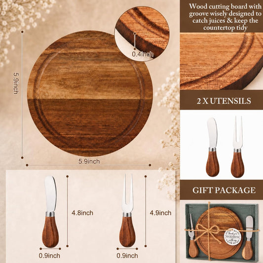 1 Set Baby Shower Bridal Game Prizes for Winners Round Cheese Board Set Wood Mini Charcuterie Board with Knives and Forks Thank You Card with Gift Box for Guests Wedding (Acacia)