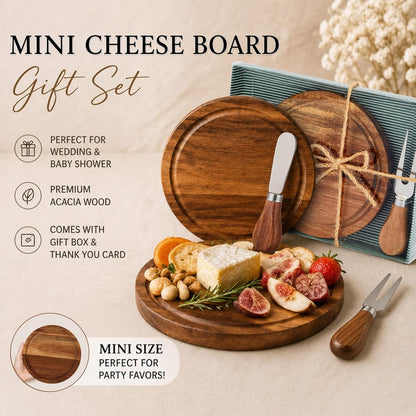 1 Set Baby Shower Bridal Game Prizes for Winners Round Cheese Board Set Wood Mini Charcuterie Board with Knives and Forks Thank You Card with Gift Box for Guests Wedding (Acacia)