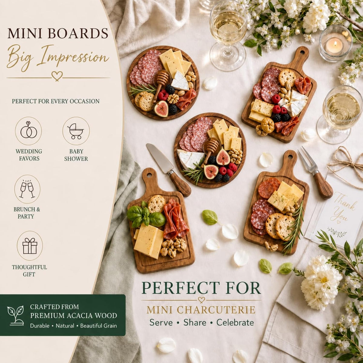 1 Set Baby Shower Bridal Game Prizes for Winners Round Cheese Board Set Wood Mini Charcuterie Board with Knives and Forks Thank You Card with Gift Box for Guests Wedding (Acacia)