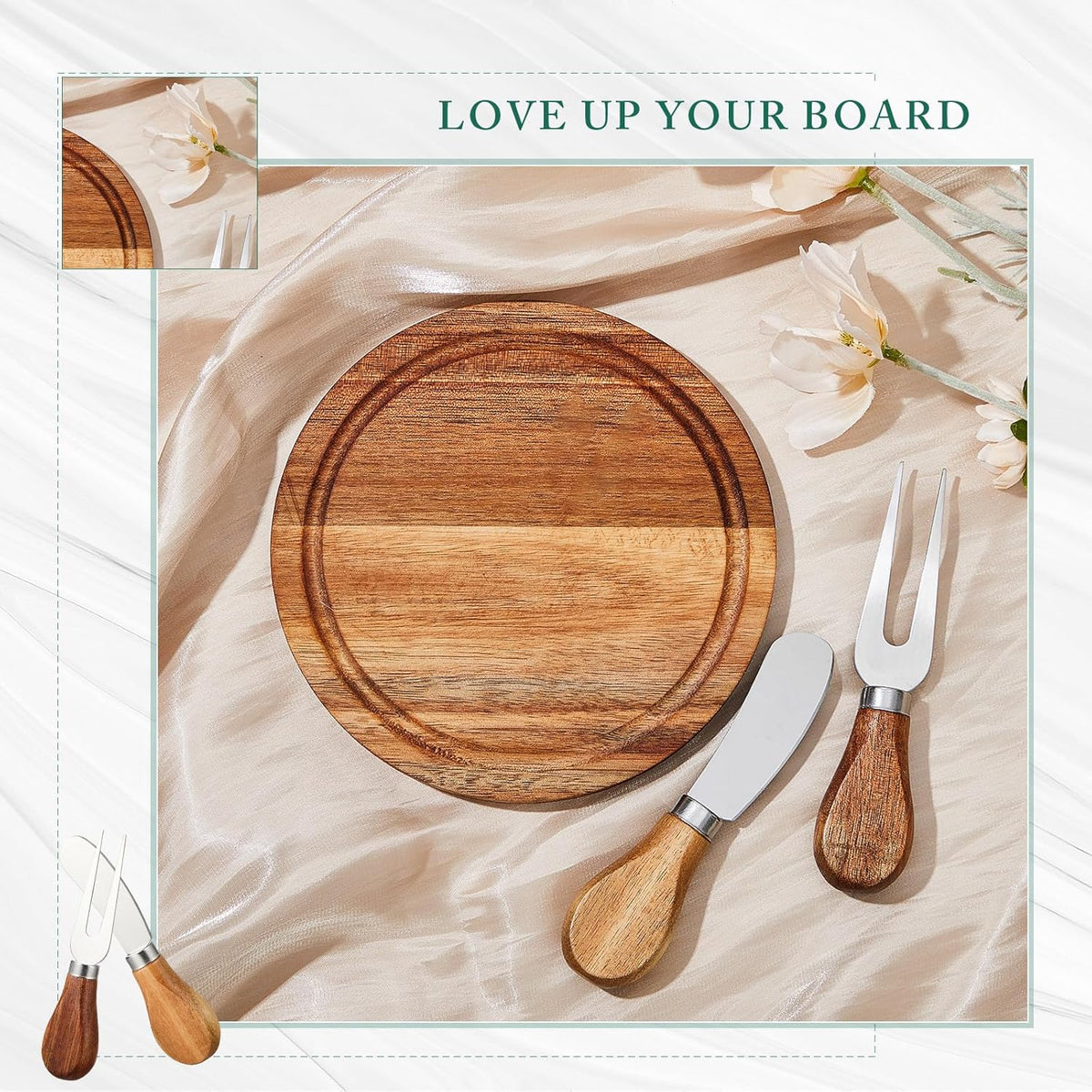 1 Set Baby Shower Bridal Game Prizes for Winners Round Cheese Board Set Wood Mini Charcuterie Board with Knives and Forks Thank You Card with Gift Box for Guests Wedding (Acacia)