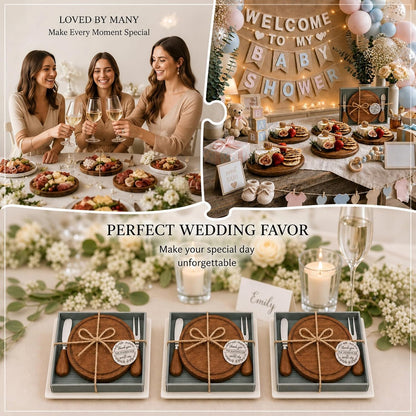 1 Set Baby Shower Bridal Game Prizes for Winners Round Cheese Board Set Wood Mini Charcuterie Board with Knives and Forks Thank You Card with Gift Box for Guests Wedding (Acacia)