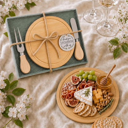 1 Set Baby Shower Bridal Game Prizes for Winners Round Cheese Board Set Wood Mini Charcuterie Board with Knives and Forks Thank You Card with Gift Box for Guests Wedding (Acacia)