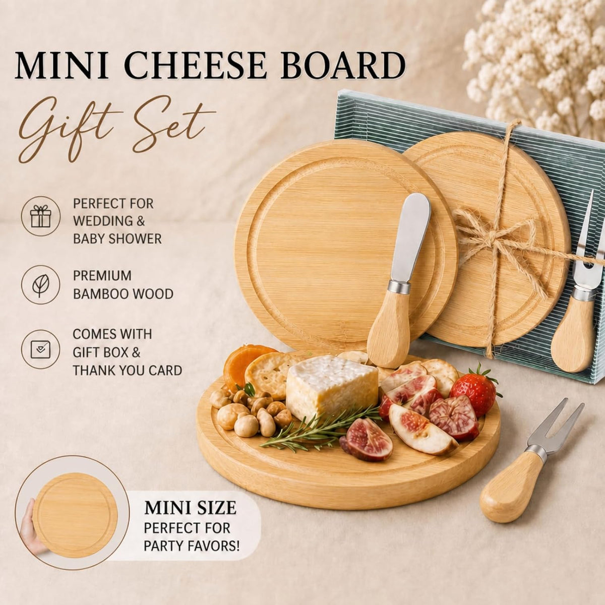 1 Set Baby Shower Bridal Game Prizes for Winners Round Cheese Board Set Wood Mini Charcuterie Board with Knives and Forks Thank You Card with Gift Box for Guests Wedding (Acacia)