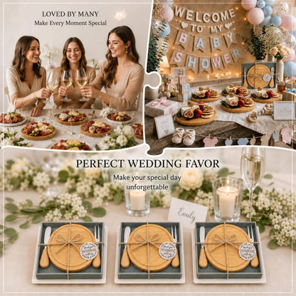 1 Set Baby Shower Bridal Game Prizes for Winners Round Cheese Board Set Wood Mini Charcuterie Board with Knives and Forks Thank You Card with Gift Box for Guests Wedding (Acacia)