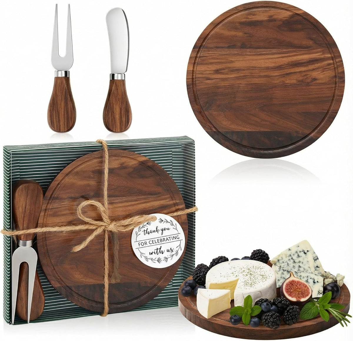 1 Set Baby Shower Bridal Game Prizes for Winners Round Cheese Board Set Wood Mini Charcuterie Board with Knives and Forks Thank You Card with Gift Box for Guests Wedding (Acacia)
